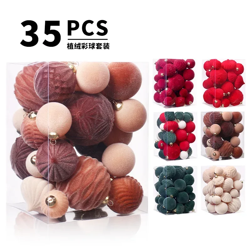 35pcs Special-shaped Christmas Ball Ornaments Flocking Red Green Christmas Tree Party Decoration New Christmas Spheres Pendant