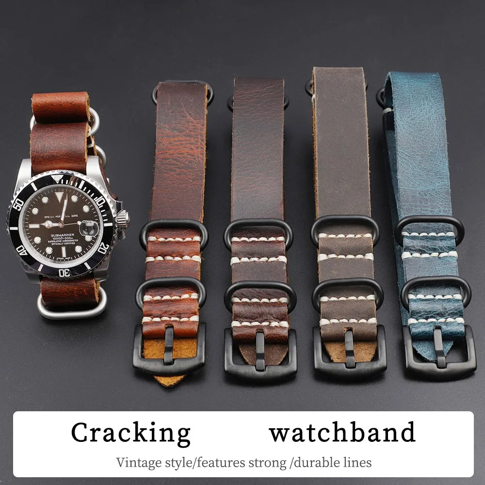 

Vintage Oil Wax Leather Crazy Horse Leather Long Watchband 20mm 22mm 24mm Watch Strap Adjustment Replacement Accessories