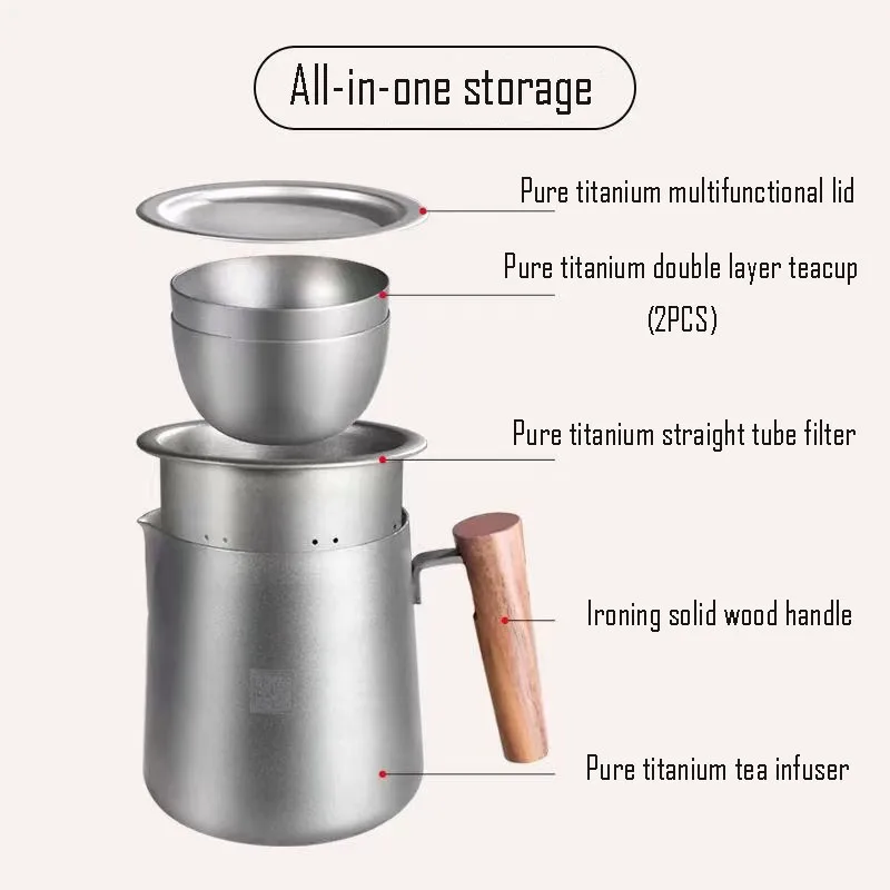 480ml Pure Titanium Fair Cup,Double Layer Small Teacup,Fine Leak Net,Anti-hot Wood Handle,Drinkware,Home Travel Tea Infuser Set