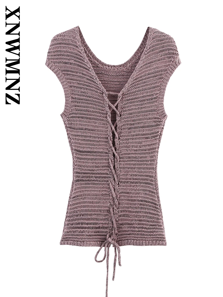 

XNWMNZ 2025 Summer Women Clothing Chic club Sleeveless O-Collar Knitted Cardigan Simple Woman's Purple Blouses Sexy Tie Top
