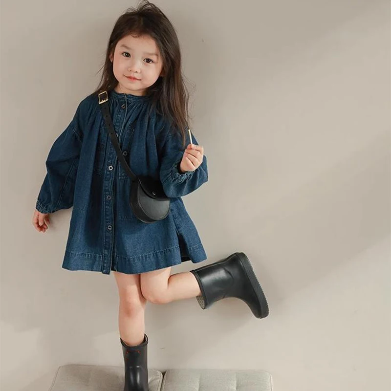 Vestido de mezclilla lavado para niñas, camisa de cuello alto, única botonadura, traje de moda para niños, vestidos para bebés, primavera, otoño,