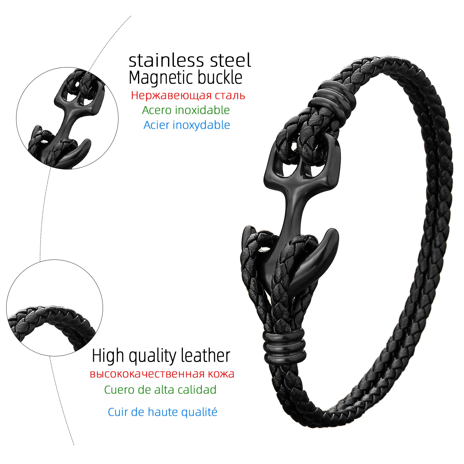 New in Classic Stainless Steel Anchor Bracelets Double Leather Bracelet & Bangles for Men Women Jewelry Black Color Fashion Gift