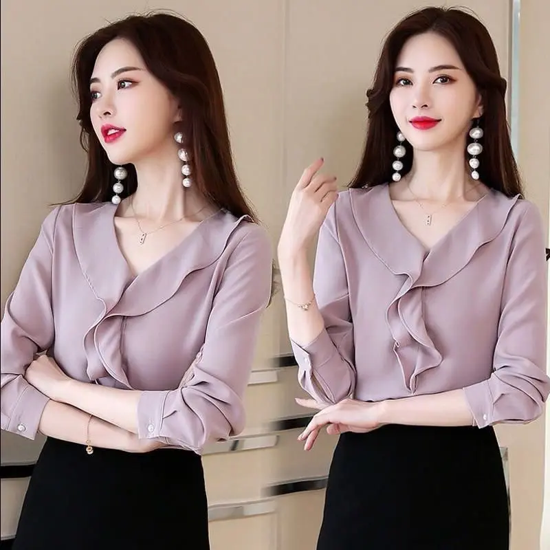 Camisa de Chiffon Manga Longa das Mulheres 2023 Primavera/Verão Novo Estilo Coreano Temperamento Camisa Moda Pliado Top