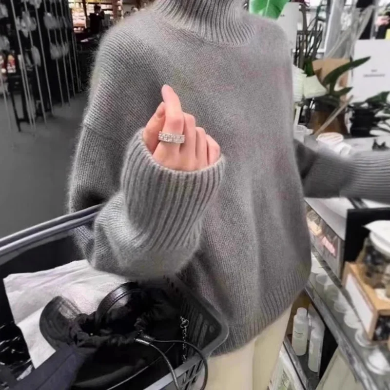 

Autumn Winter New High Neck Wool Sweater Women Loose Lazy Style Knitted Base Shirt New Thickened Sweater Inner Wear Top