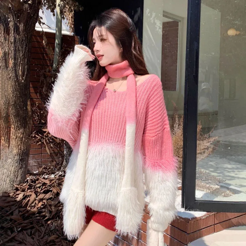 Women's Gradient V-Neck Sweater Mink Velvet Thickened Soft Waxy Knitwear Tops Autumn Winter Outer Wear Sexy Sweet Style 2026