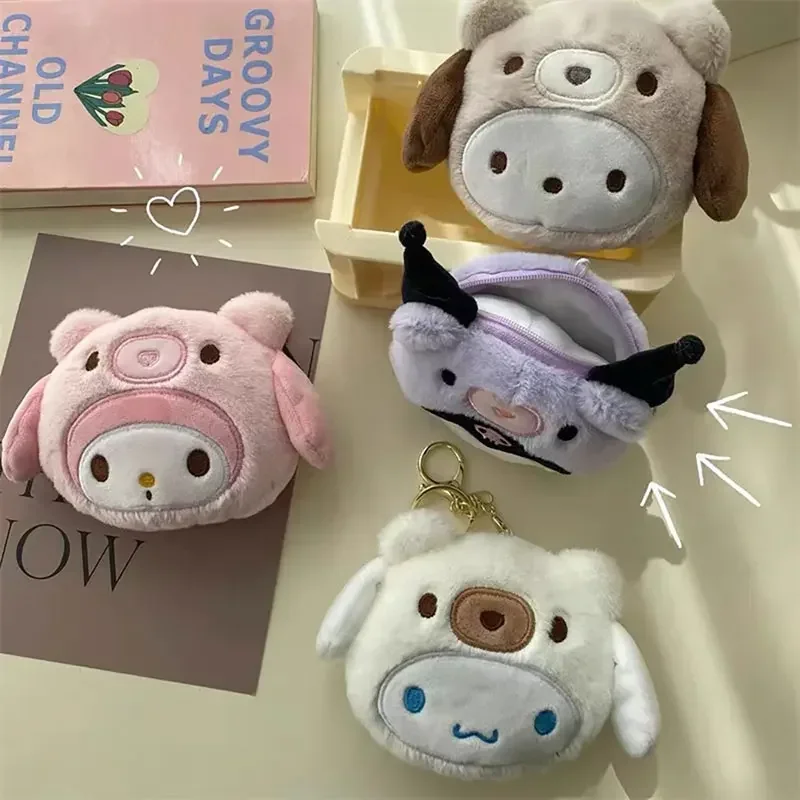 MINISO Sanrio Anime Plush Coin Purse Kawaii Kuromi Melody Keychain Bag Coin Wallet Storage Bag Cartoon Plush Coin Purse