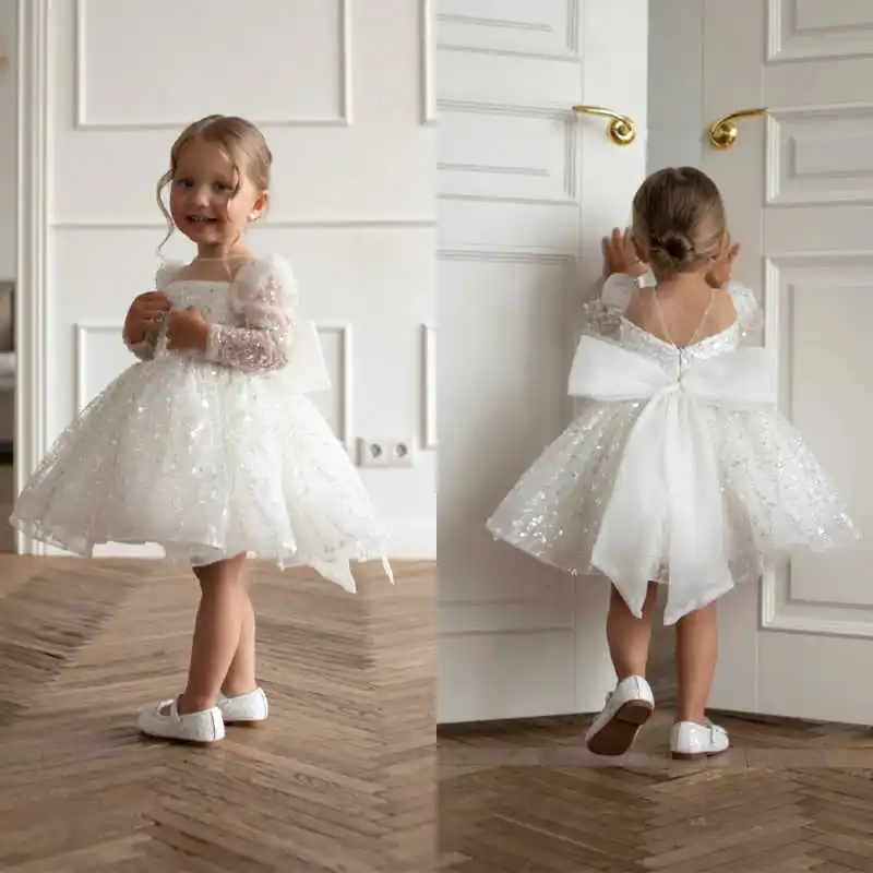 Gorgeous Lace Sequin Flower Girl Dress Long Sleeve Back Bow Children Puffy Wedding Party Dress Robe De Fille Mariage Customized