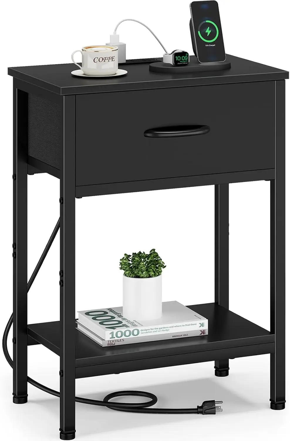 

Black Nightstand with Charging Station, End Table with Fabric Drawer, Small Side Table with 2-Tier Storage Shelves, 25.4" Tal