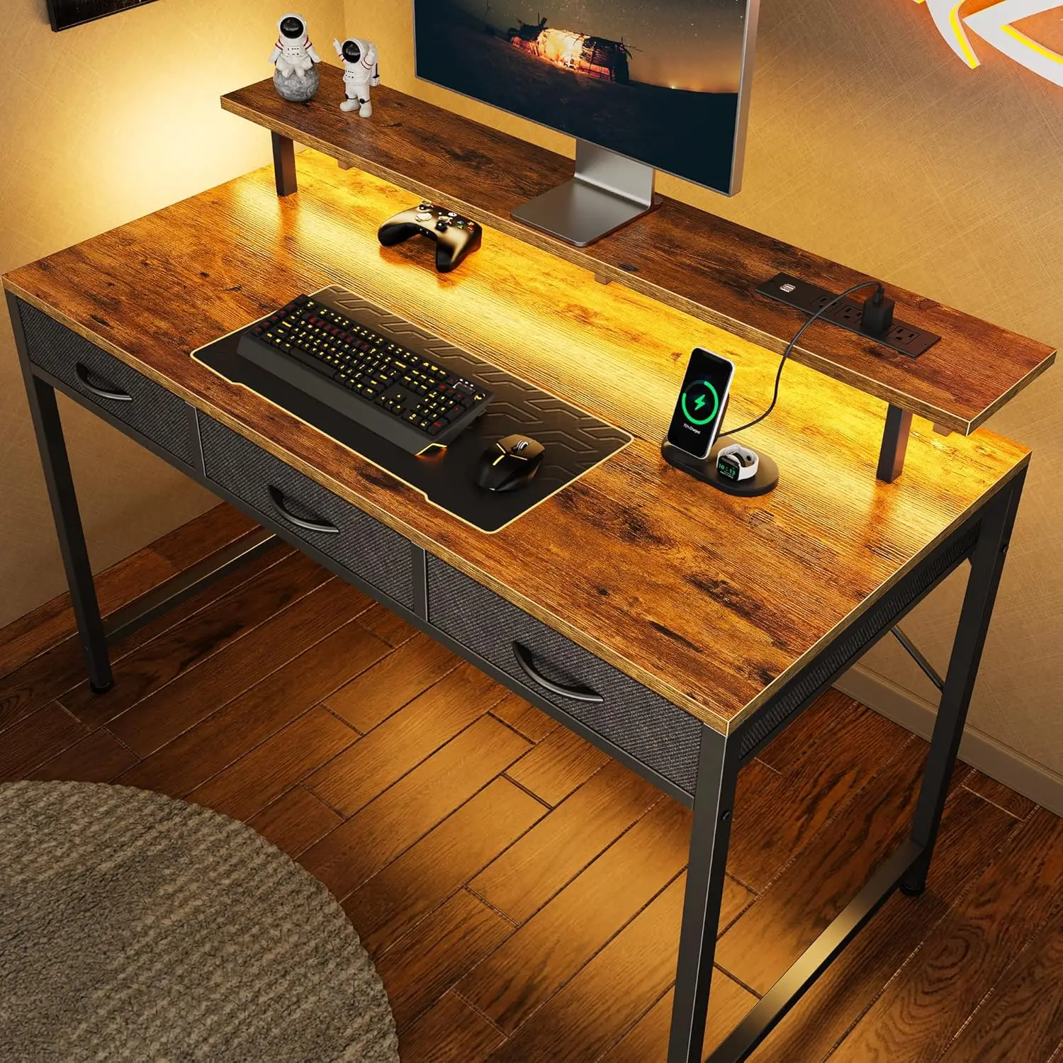 

47 inch Computer Desk with 3 Drawers, Office Desk Gaming Desk with LED Lights & Power Outlets, Home Office Desks with Storage