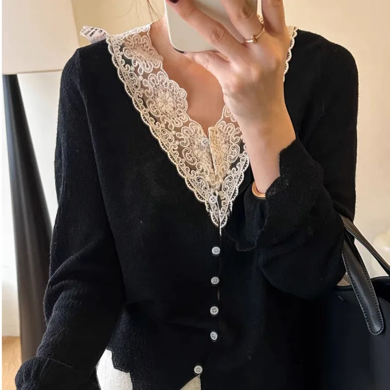 

Woolen V-neck Lace Knitted Cardigan Women's Base Layer Long Sleeve Spring Fashion Split Hem Knitwear
