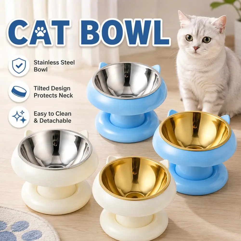 Stainless Steel Cat Bowl Detachable Pet Feeding Dish Cute Semi-Circular Food and Water Bowl for Cats and Small Dogs