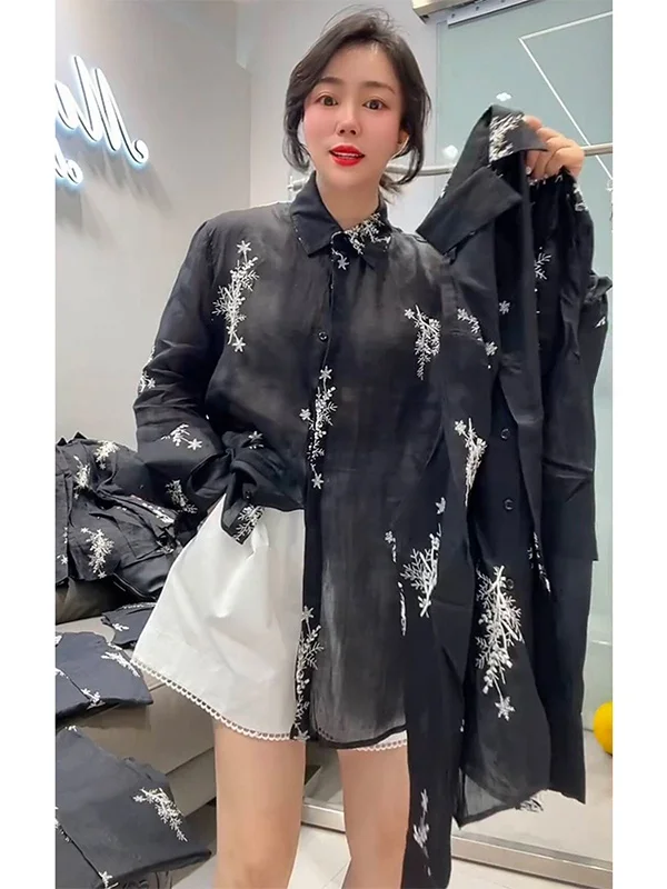 كتان ثقيل الوزن أنيق للنساء من irt متوسط الطول كاجوال irt كوري Sle طويل Sve بتفاصيل أزرار وتصميم مطرز #5