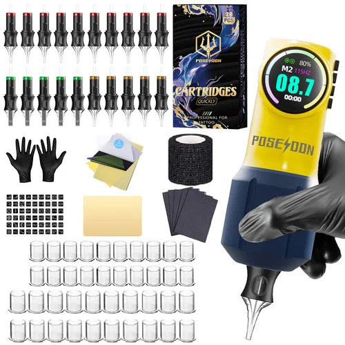 Imagen 2 del producto Kit de tatuaje POSEIDON V5, Kit de pluma de tatuaje amarillo para maquillaje permanente, Kit de máquina de tatuaje, fuente de alimentación inalámbrica para tatuaje, Kit de pistola de tatuaje