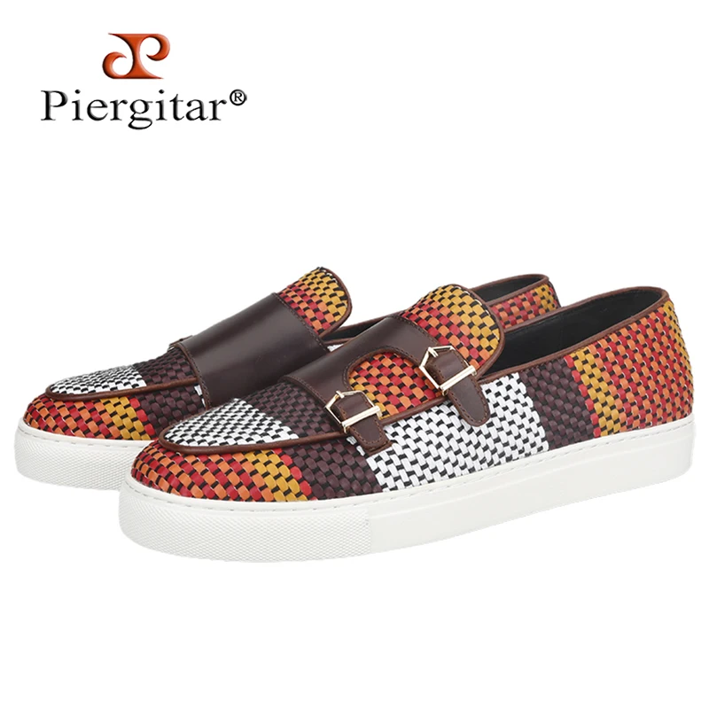

Piergitar 2023 Hand-Loomed Calfskin And Raw Cotton Belgian Style Double-Monk Silp On Men Sneakers Metal Buckle White Bottom Shoe