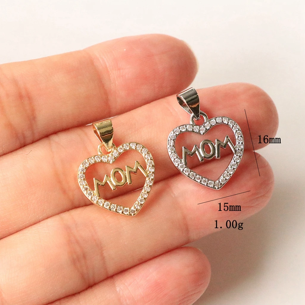 

6pcs Mom Heart Charm Pendants for Jewelry Making Mother's Day Gift Cubic Zirconia Bling Women Bracelet Necklace Accessory Supply