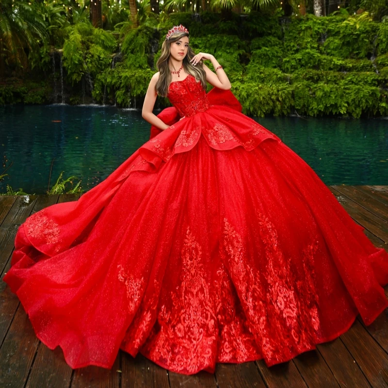 

Красное блестящее платье принцессы с открытыми плечами Sweet 16, платья Quinceanera, аппликация, кружево, бусины, бант, тюль, вечерние платья для дня рождения, 15