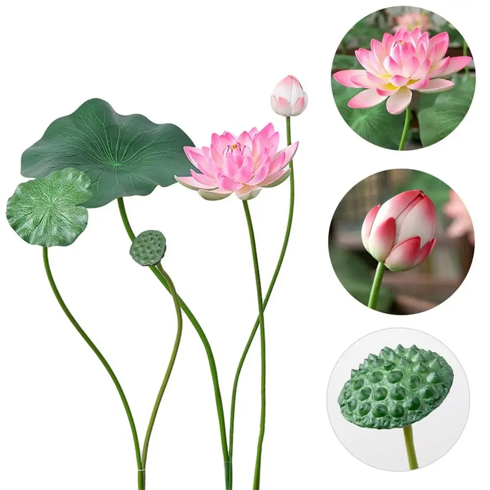 Artistic Landscape Artificial Flower Long Stem DIY Decoration Simulated Lotus Flower Green Plant with Rod Lotus Leaf