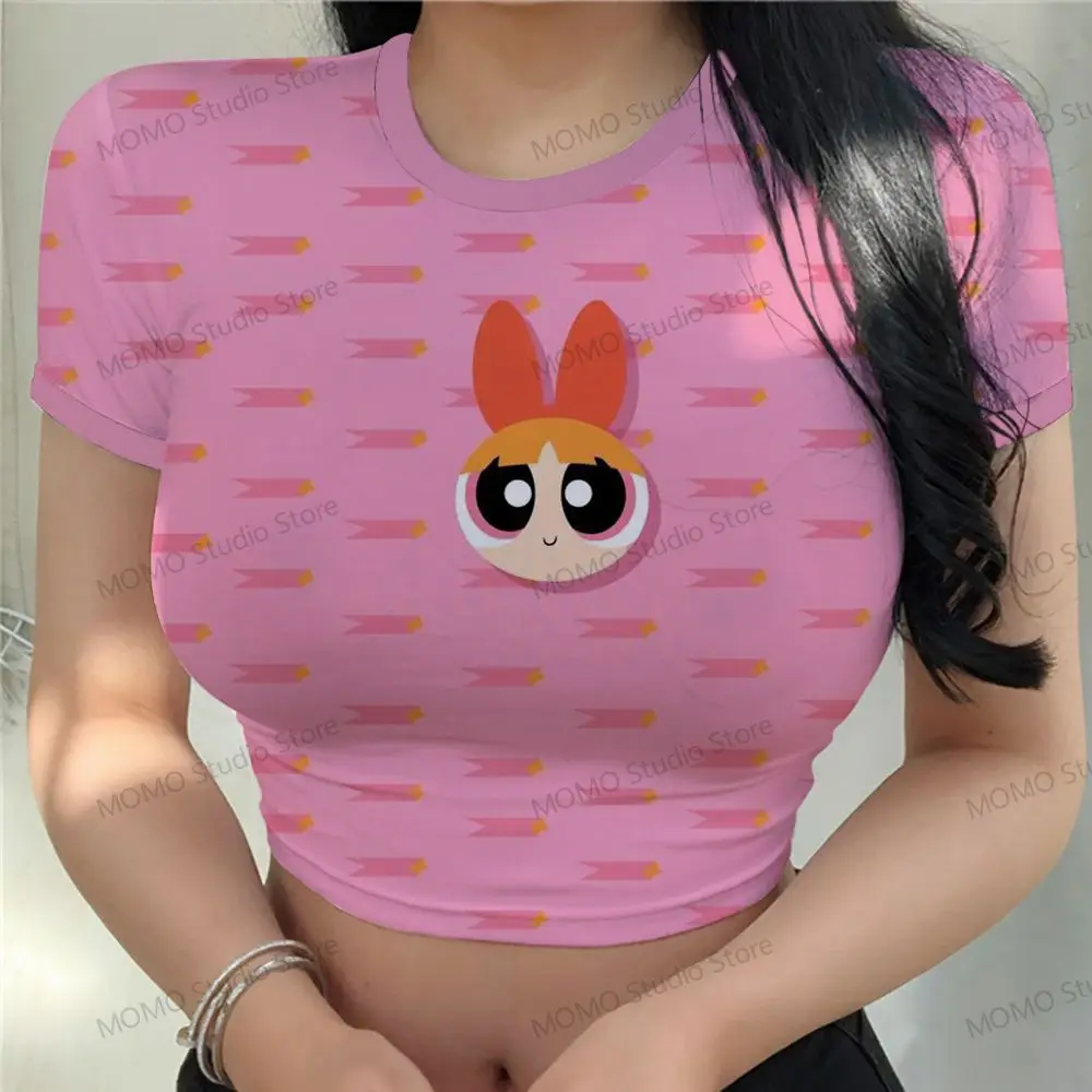 Tshirt Women\'s T-Shirt The Powerpuff Girls Crop Top Clothing 2024 Y2k XS-3XL Woman Clothes Short Sleeve Tops Leisure Kawaii Cute