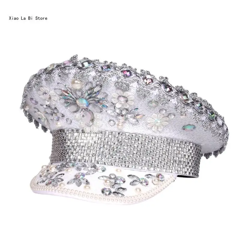 

Bejeweled Hat Heavy Crystal Captain Hat Diamond-studded for Dancer Comedian XXFD