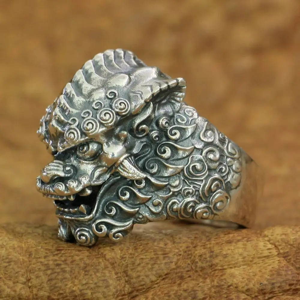 

925 Sterling Silver Chinese Style Lion Ring Mens Biker Punk Ring TA210 US Size 7~15