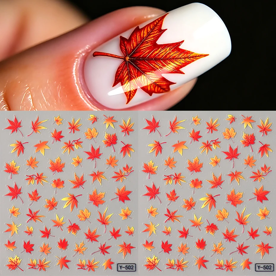 2 Stück Herbst-Ahornblatt-Nagelaufkleber, Herbstliche Orange-Rot-Gelbe Ahornblätter Nagelsticker, Thanksgiving Nagelkunst-Dekorationen, Maniküre – Detail 3