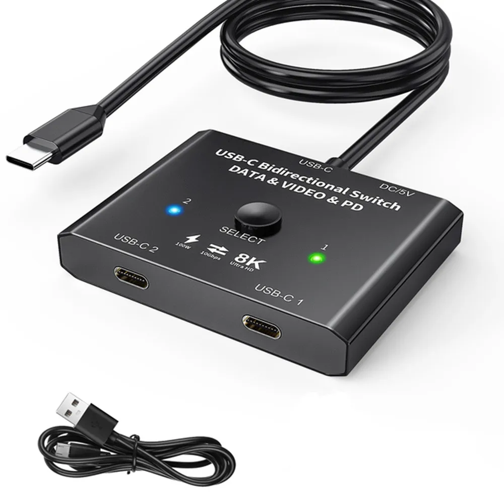 USB C Switch Splitter 8K Bi-Direction 1x2/2x1 Type C Data Video Switcher USB 3.1 PD 100W For Computer Multiple Source Displays