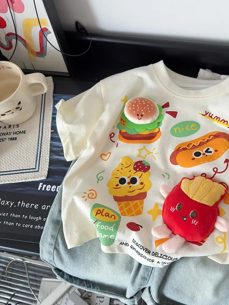 Camiseta Infantil de Algodão com Desenho Animado Fofo, Manga Curta, Confortável e Respirável, Gola Redonda, Estampa de Animais, Verão 2026