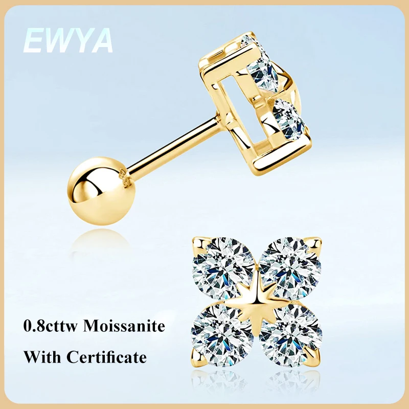 

Серьги-гвинты EWYA с 4 камнями клевера 0,8 карата, полный цвет D, муассанит для женщин и девочек, серебро S925, 3 мм, серьги-гвоздики для ушей с бриллиантами