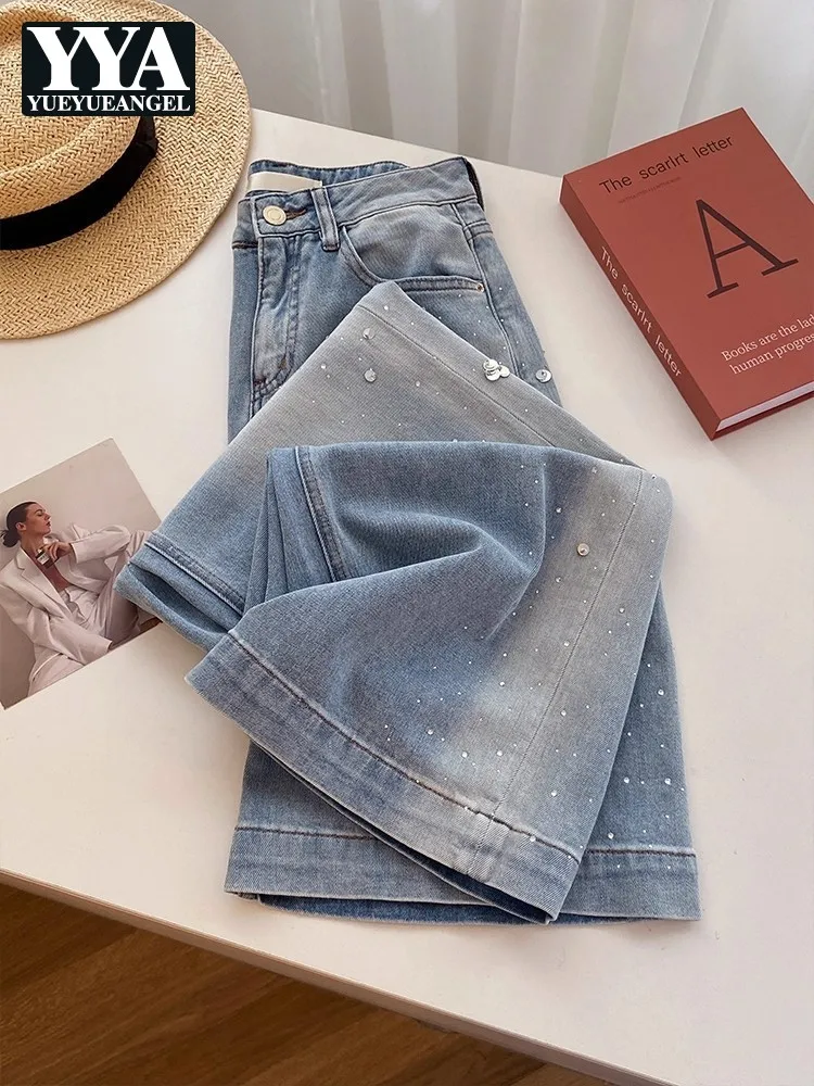 

Fashion Women Wide Leg Jeans Rhinestone Autumn Loose Fit Wide Leg Denim Pants Female Street Casual High Waist Straight Trousers