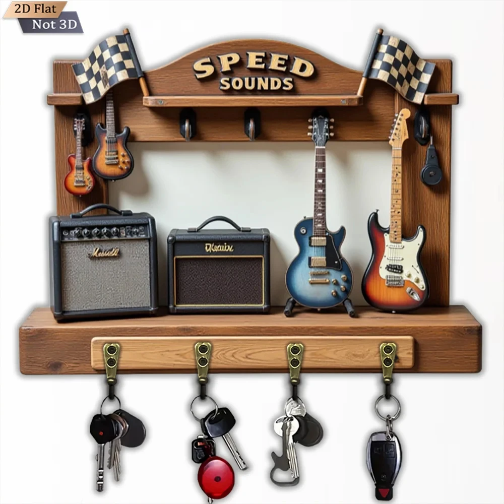 2D Flat, 1pc, Rock Guitar Amplifier Shape Key Hook, Wooden Multifunctional Home House Key Hook, with Four Metal Hooks, Wall