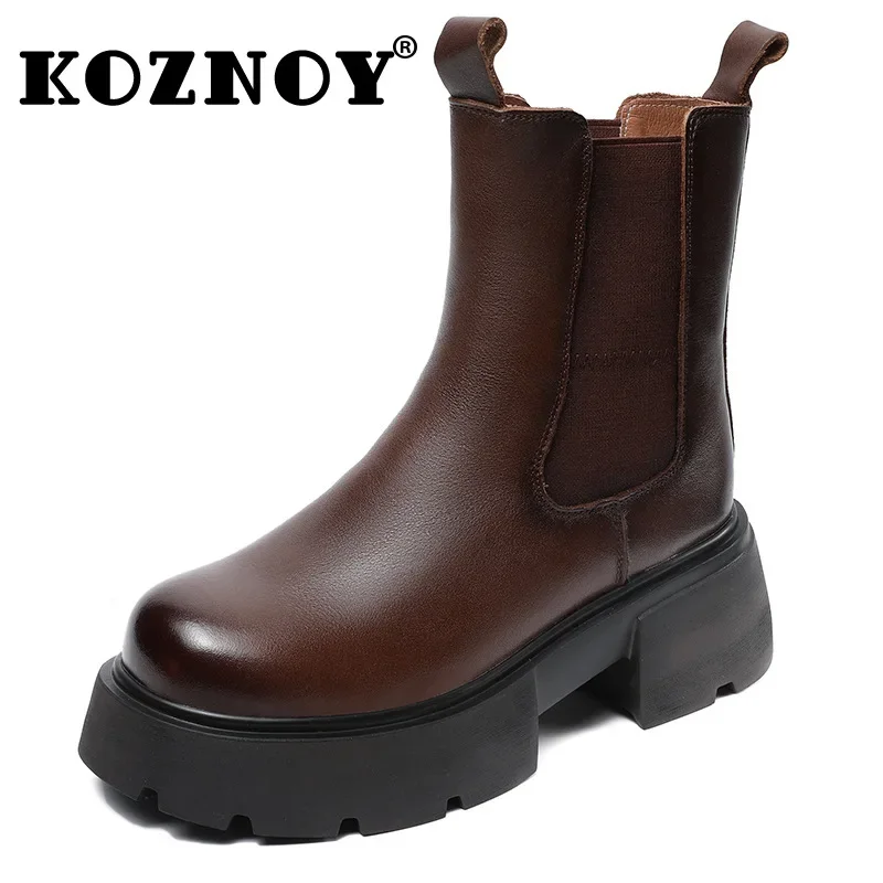 Koznoy 7cm Genuine Leather Chimney Women Ladies Round Toe Chelsea Autumn Moccasins Ankle Boots Spring Platform Wedge ROME Shoes