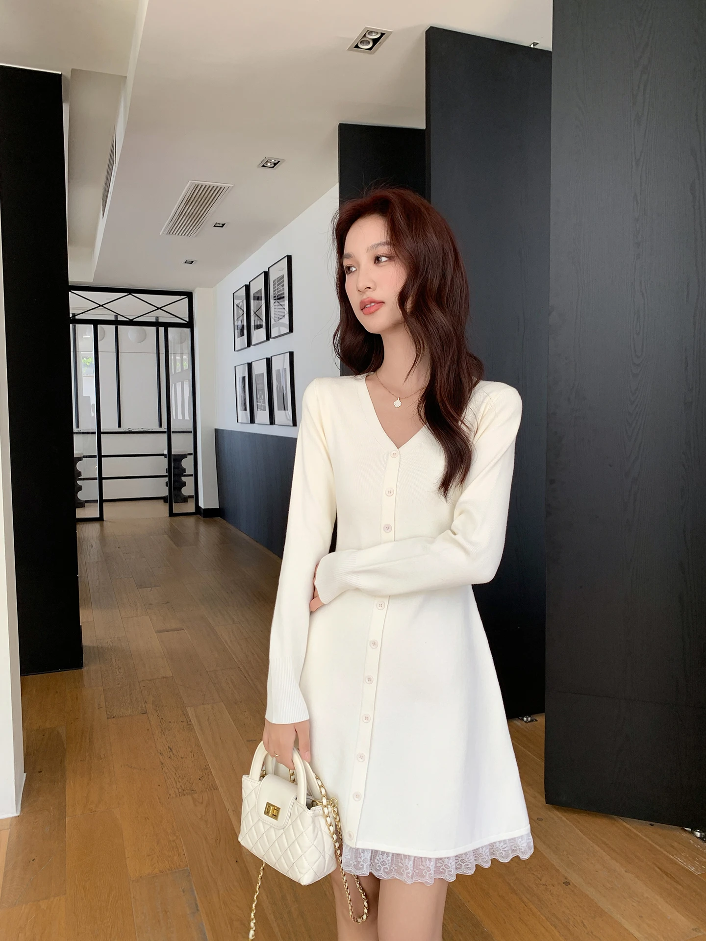 

Осенний свитер миди V-Ne Dr, утягивающая внутренняя одежда трапециевидной формы, белая зимняя одежда с пальто, повседневная трикотажная одежда для поездок на работу