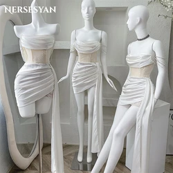 Nersesyan Luxury Lace Wedding Dresses Beading Off Shoulder Pleated Mini Sleeveless Bridal Gowns Backless Bones Bride Dress 2024