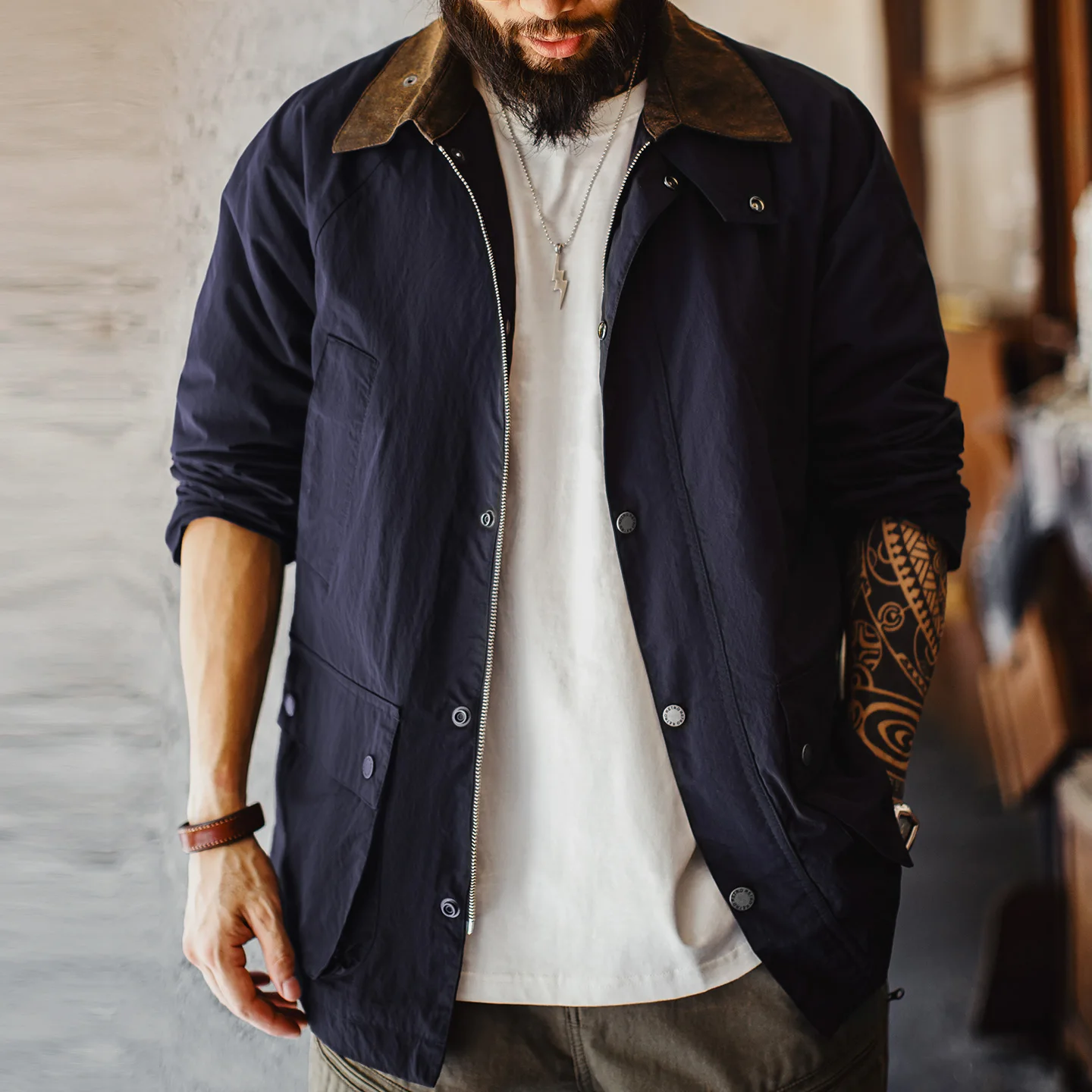 Maden Vintage Men's Blue Safari Jacket Waterproof Hunting Coat Loose Fit Windproof Contrast Collar Windbreak  for Spring Fall