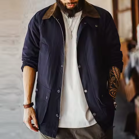 Maden Vintage Men's Blue Safari Jacket Waterproof Hunting Coat Loose Fit Windproof Contrast Collar Windbreak for Spring Fall