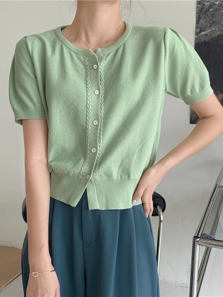 Zjaiss 2026 Frühling Sommer Neue Einreihige Damen-Strickjacke Koreanischer Stil Einfarbig O-Ausschnitt Kurzarm Strick-Oberteil