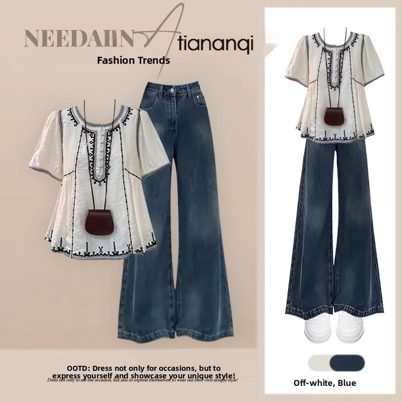 

Ретро-этнический стиль: новый весенний комплект из двух предметов — вышитая рубашка с круглым вырезом и джинсовая накидка, модный женский ансамбль