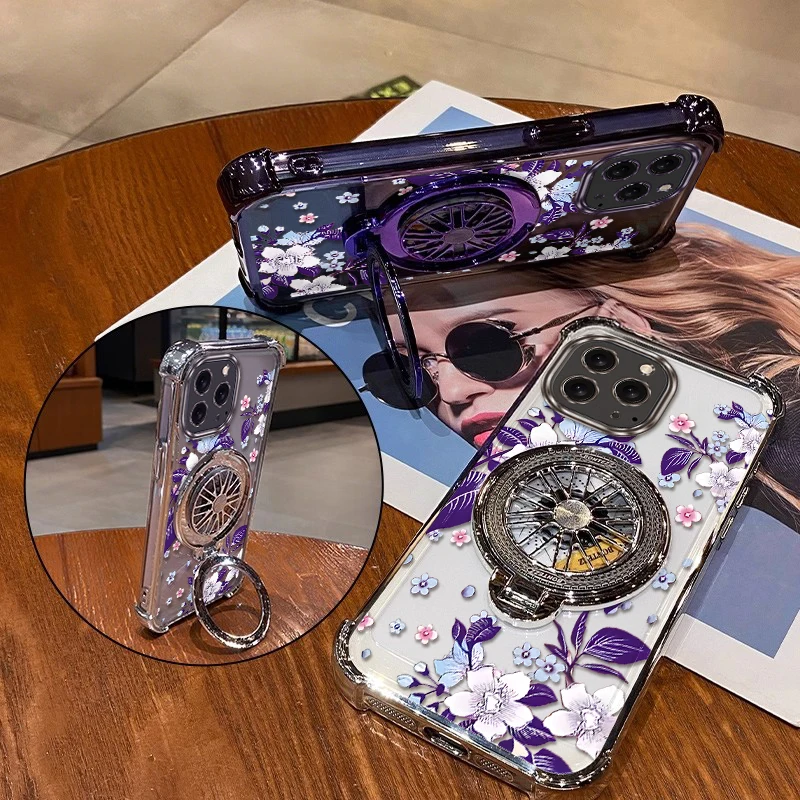 

16Promax Purple flowers Bracket Lanyard Plating Phone Case For iPhone 15ProMax 16Pro 16 13Pro 14Pro 15Pro 15 14 17Air Cover