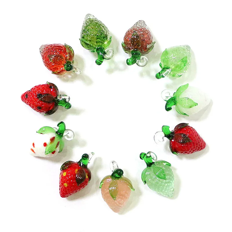 2pcs Lovely Mini Strawberry Charm Glass Pendant Colorful Simulation Fruit Ornaments Diy Women Fashion Jewelry Making Accessories