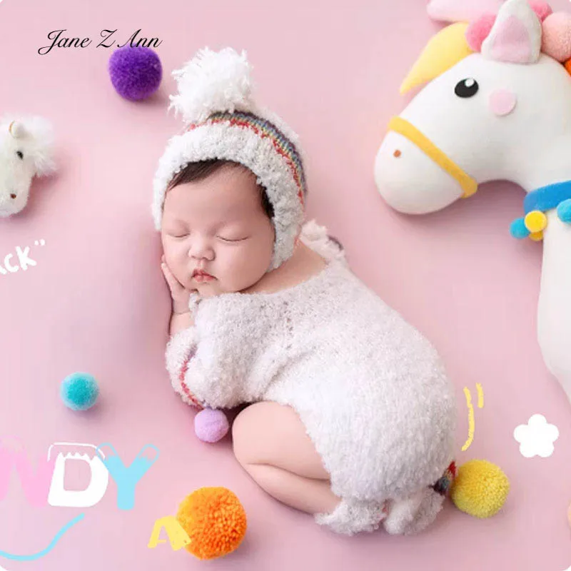 

Комплект одежды для фотосессии новорожденных с изображением радужного пони: белая шапочка с радужной лентой, комбинезон с помпонами + носки, костюм для фотосессии малыша, реквизит для студии