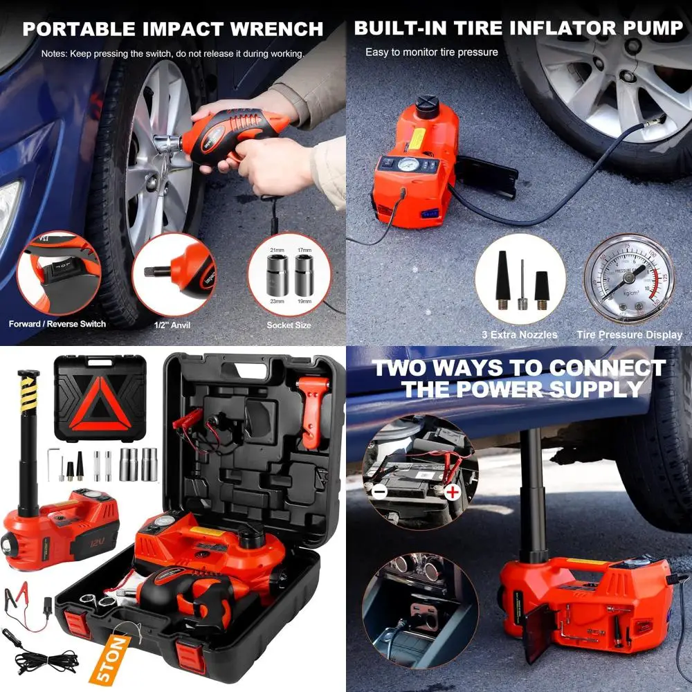 

Портативный электрический домкрат 12В для автомобилей до 5 тонн с ударным гайковертом, насосом для подкачки шин и светодиодной подсветкой, подъем 6-17,7 дюйма