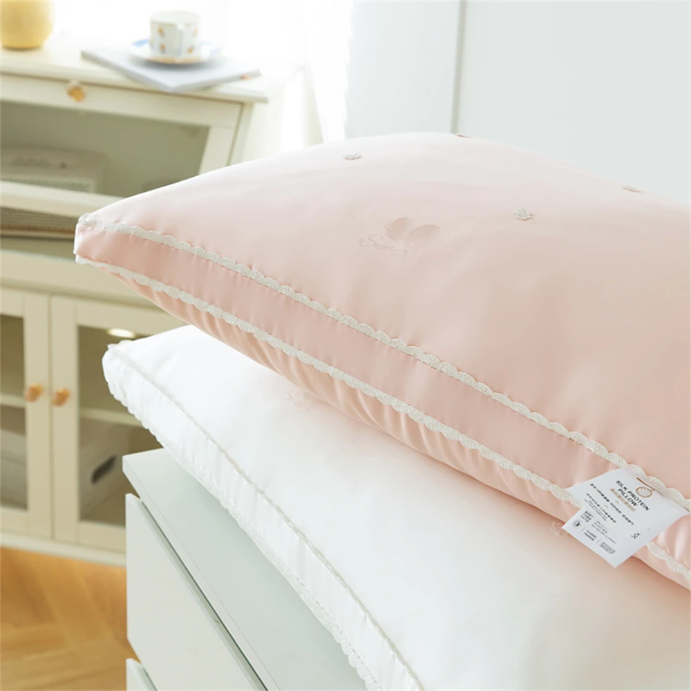 Liv-Esthete Women Sleep Gift 100% Silk Pink Pillow King Queen Silk Inner Pillow For Sleeping Neck Protection Bed Jacquard Pillow