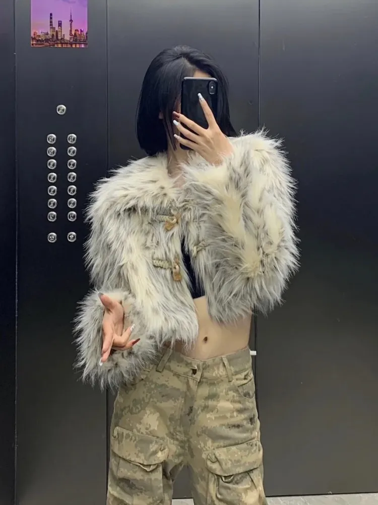 Faux Fur Imitation Fox Fur Coat for Women Short Jackets Printed Vintage Cropped Jacket Winter Clothing Eco Fur Coat