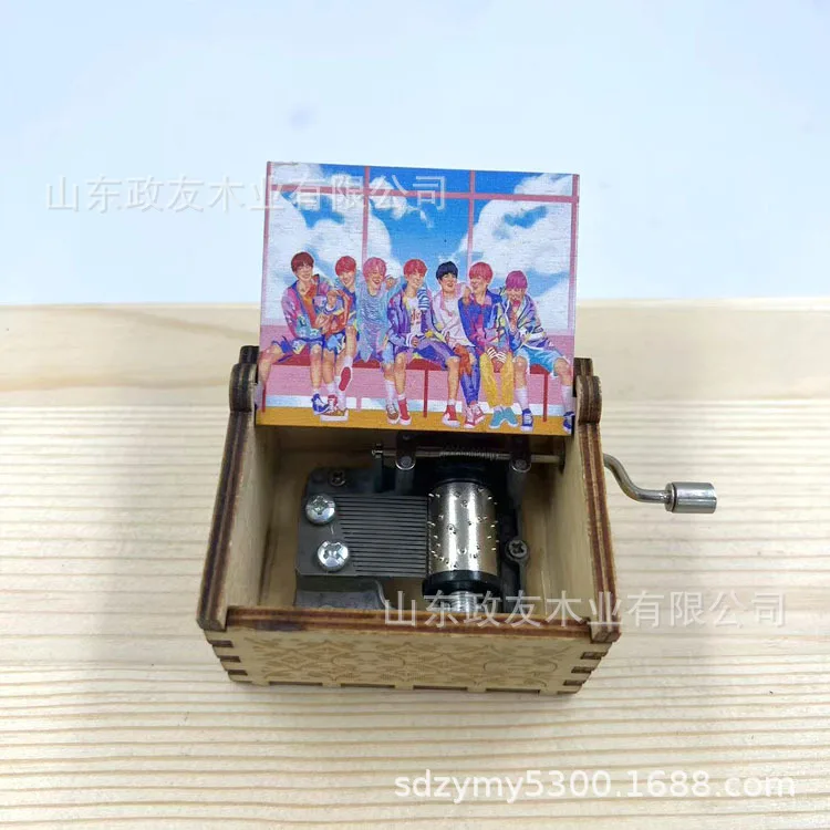 Kpop BTS Wooden Hand Crank Musical Box Engraved Multiple Pattern Music Box Fans Souvenir Decor Present view 5