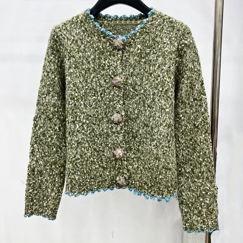 

Высококачественный разноцветный женский свитер без воротника с волнистым кружевом и кристаллами, модный роскошный осенне-зимний кардиган 25100894