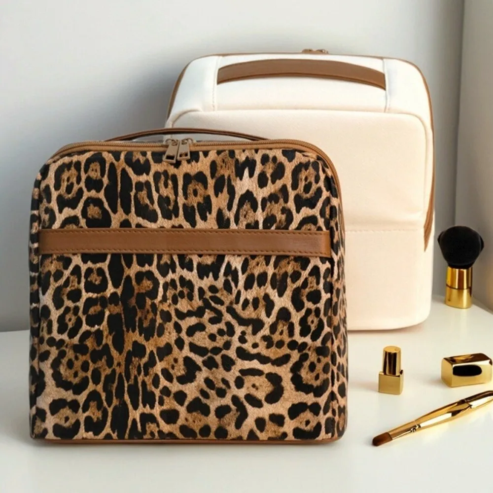 New Leopard print Standing Makeup Bag Large Capacity with Compartments Cosmetic Organizer PU Portable Travel Toiletry Case