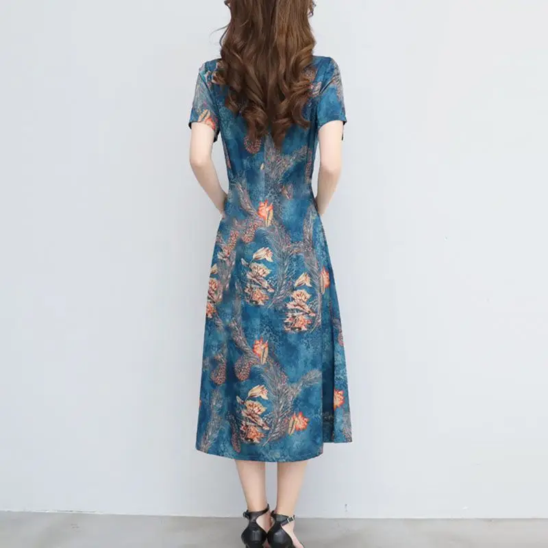 Women's Clothing Elegant A-Line Midi Dress Vintage Broken Flowers Summer Short Sleeve Fashion Folds Casual Round Neck Dresses