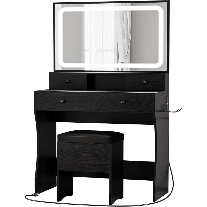 Vanity Desk with LED Lighted Mirror & Power Outlet & 4 Drawers,Dressing Makeup Table Set with Storage Stool and Hair Dryer Stand