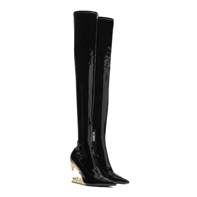 

Women's New Pointed Toe Thigh High Boots Gold Tooth Heel Side Zipper Stretchy Patent Leather Sexy Slim Fit Over Knee Boots
