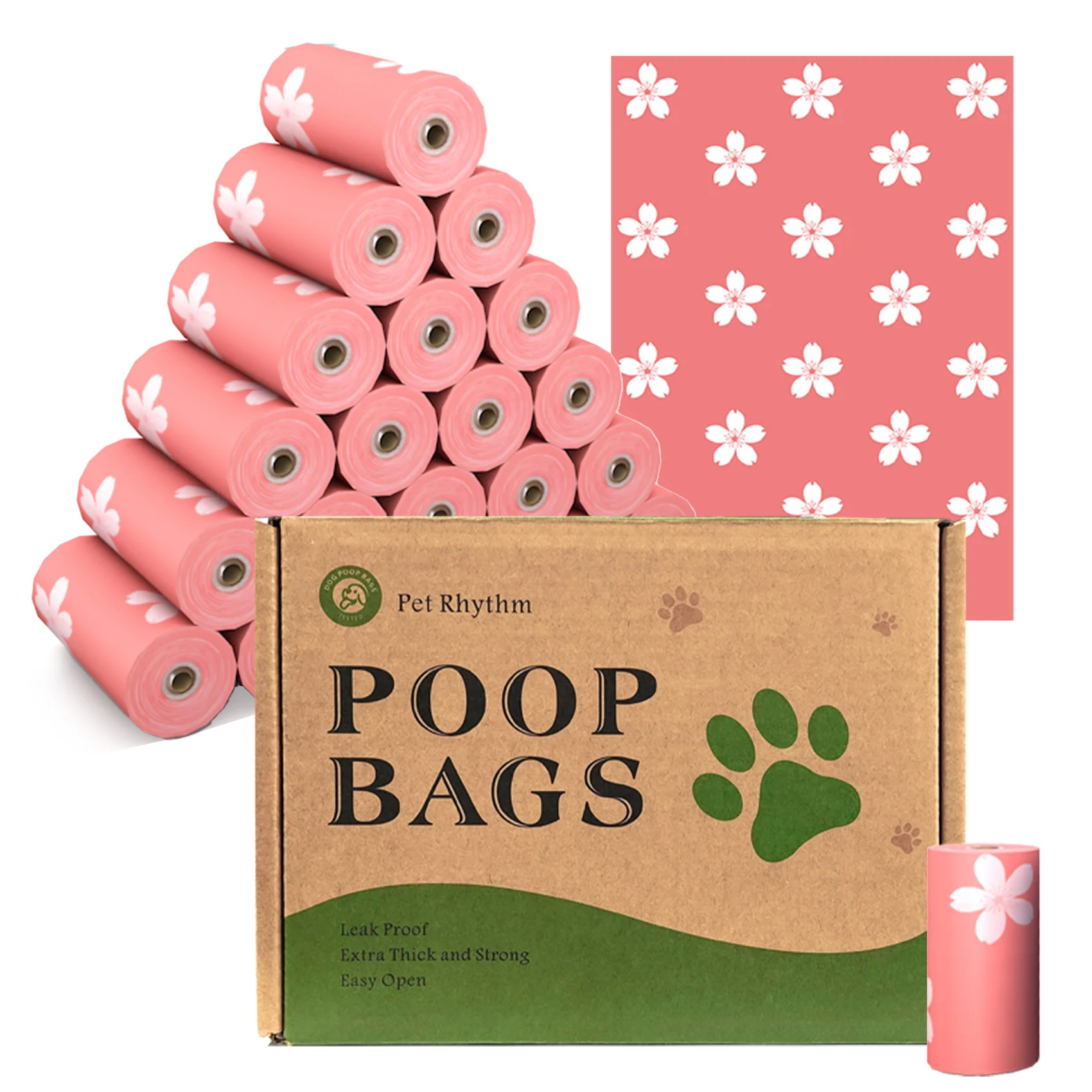 Saco de cocô de cachorro grosso fotodegradável com fragrância floral, saco de lixo ecológico para fezes de animais de estimação com dispensador